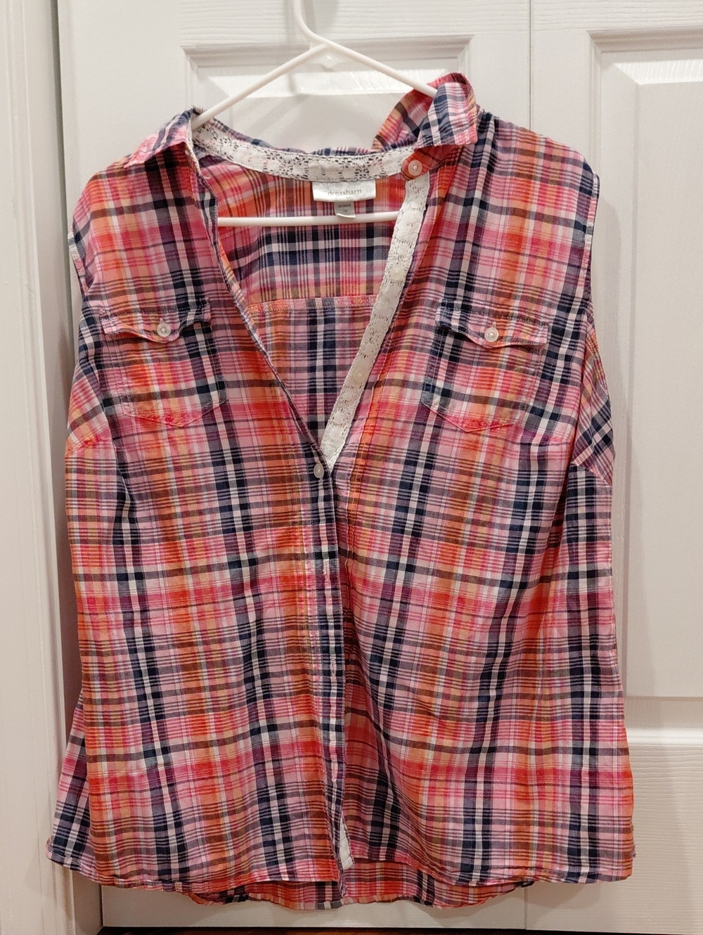 dressbarn Pink and Navy Plaid Button-Down Shirt